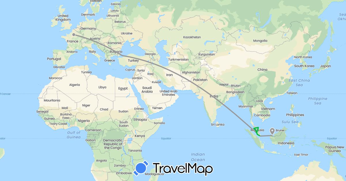 TravelMap itinerary: bus, plane in France, Malaysia, Singapore, Turkey (Asia, Europe)